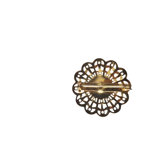 Vintage Gold-Tone Filigree Brooch Faceted Center Stone Floral Sunburst Design - Picture 2 of 3